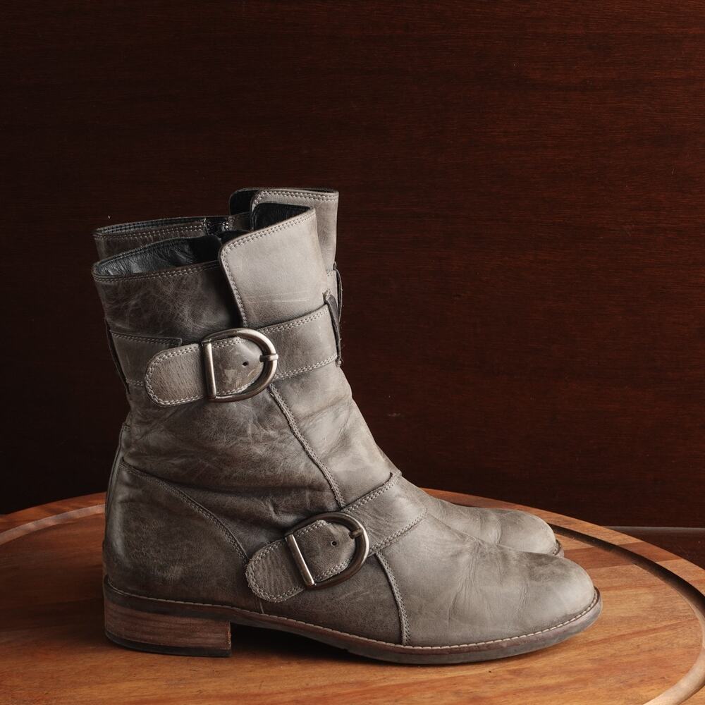 Paul Green Boots Womens SZ UK 6.5 US 9‎ Gray Emerson Moto Leather Distressed Zip